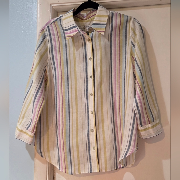 Women's Chico's Multi Stripe Linen Shirt, Size 8 - Picture 4 of 13